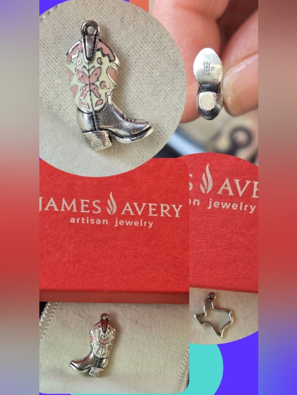 James Avery Silver Cowboy Boot Charm with Pink Accents